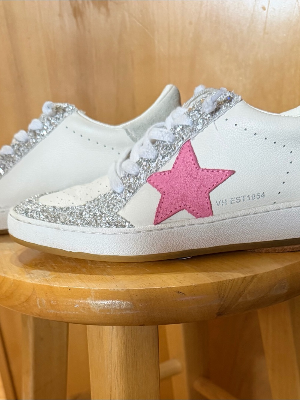 White VH Sneakers with Pink Star and Silver Glitter Accents